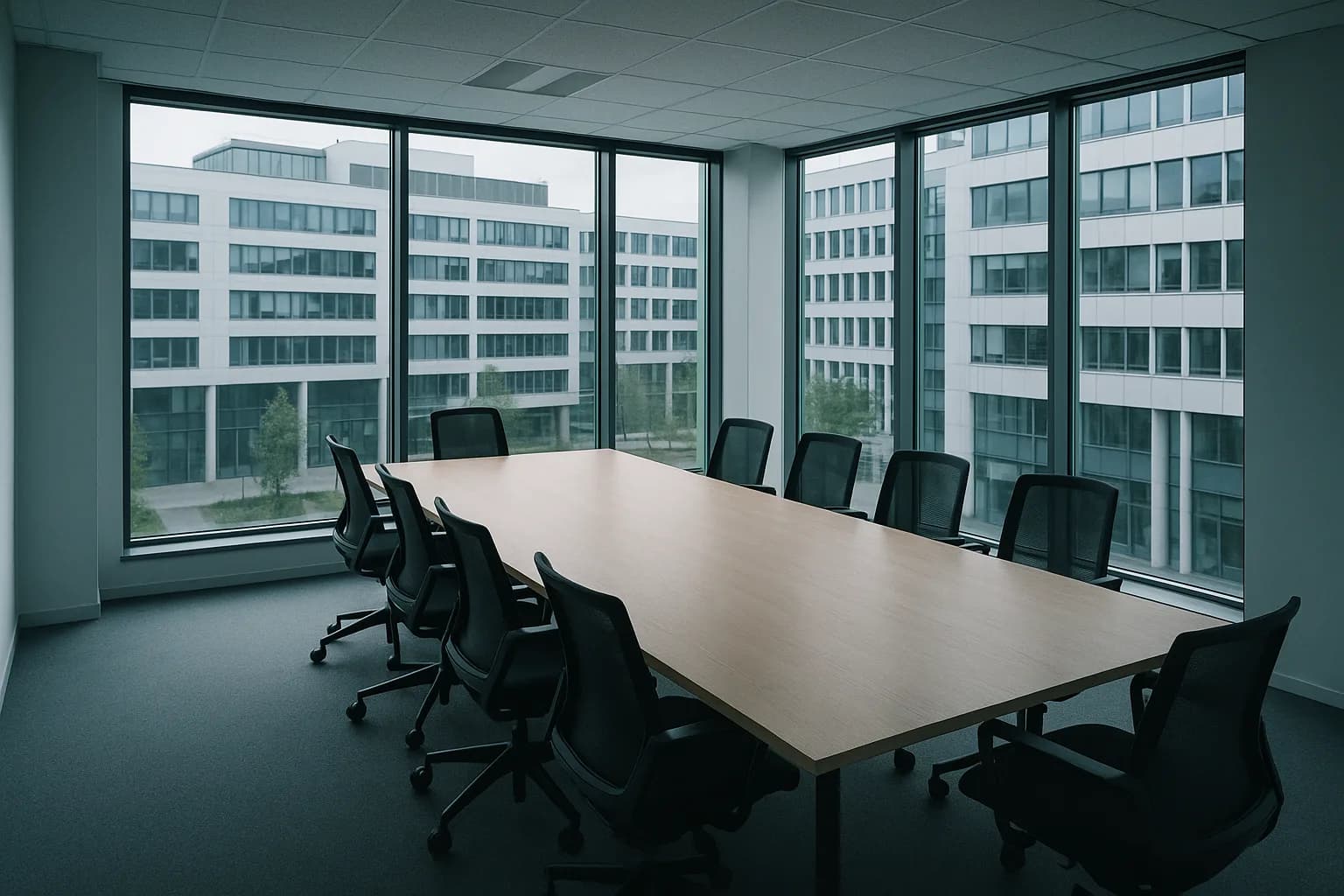 Salle de réunion vide d'un siège d'entreprise, table de comité et baies vitrées