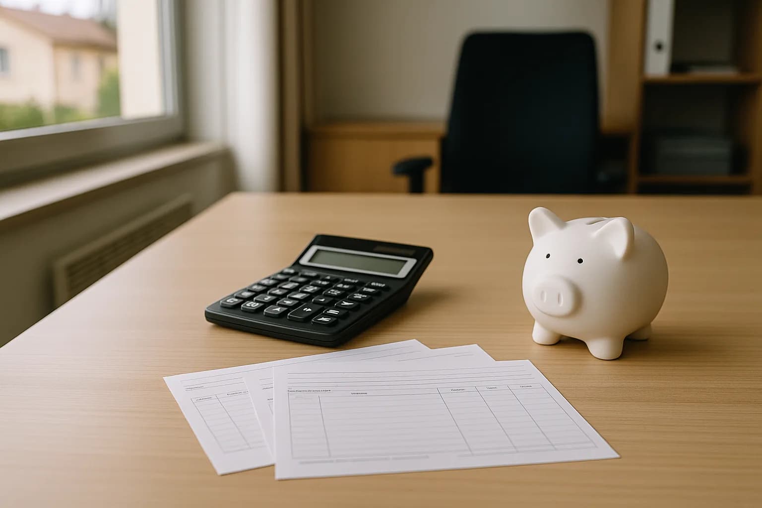 Bureau de direction financière, calculatrice, relevés vierges et tirelire en céramique