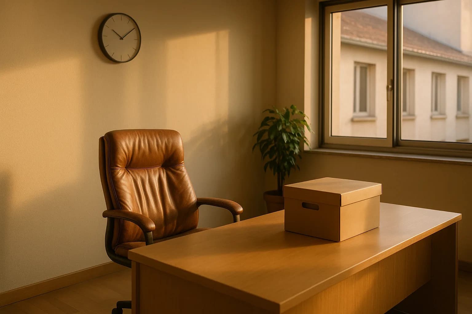 Bureau paisible en fin d'après-midi, fauteuil en cuir patiné et boîte d'archives fermée