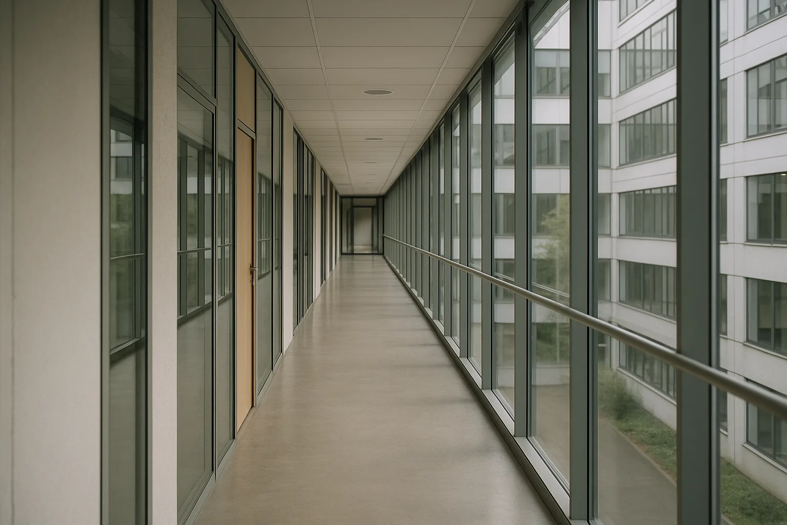 Couloir vitré d'un immeuble de bureaux, perspective sur une cour intérieure
