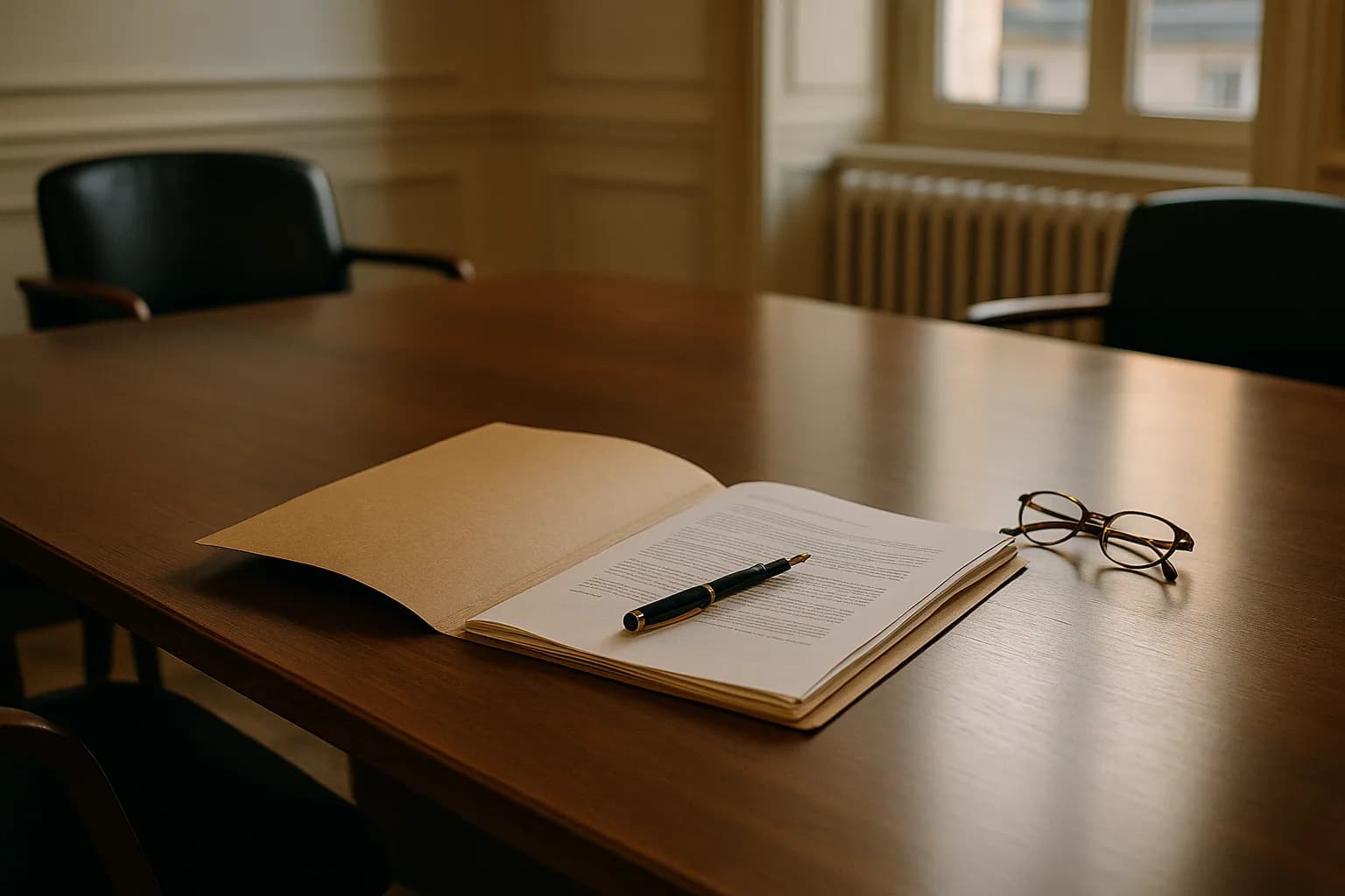 Dossier ouvert et stylo posés sur la table de réunion d'un cabinet professionnel