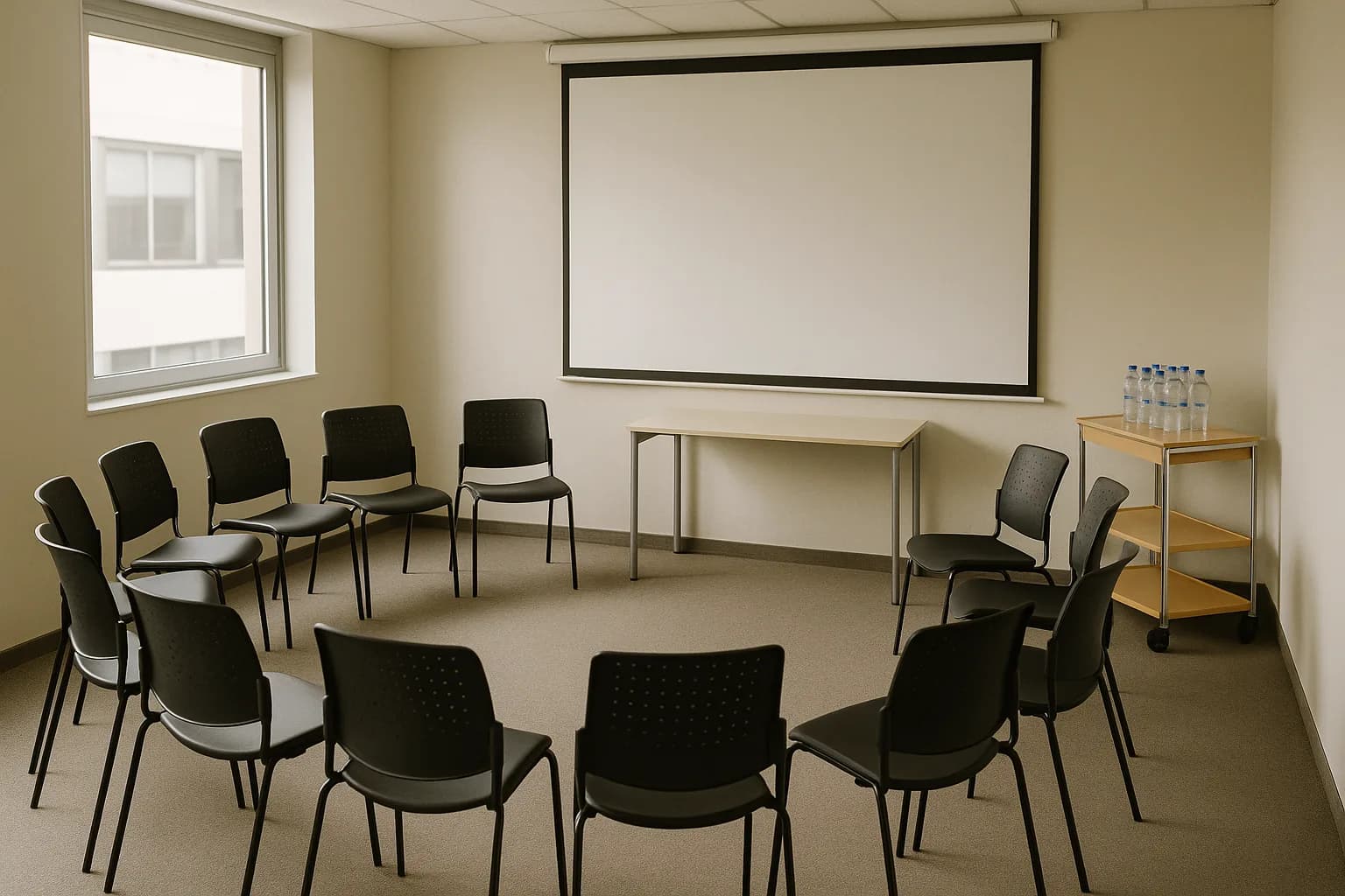 Salle de réunion préparée pour une réunion d'information des salariés