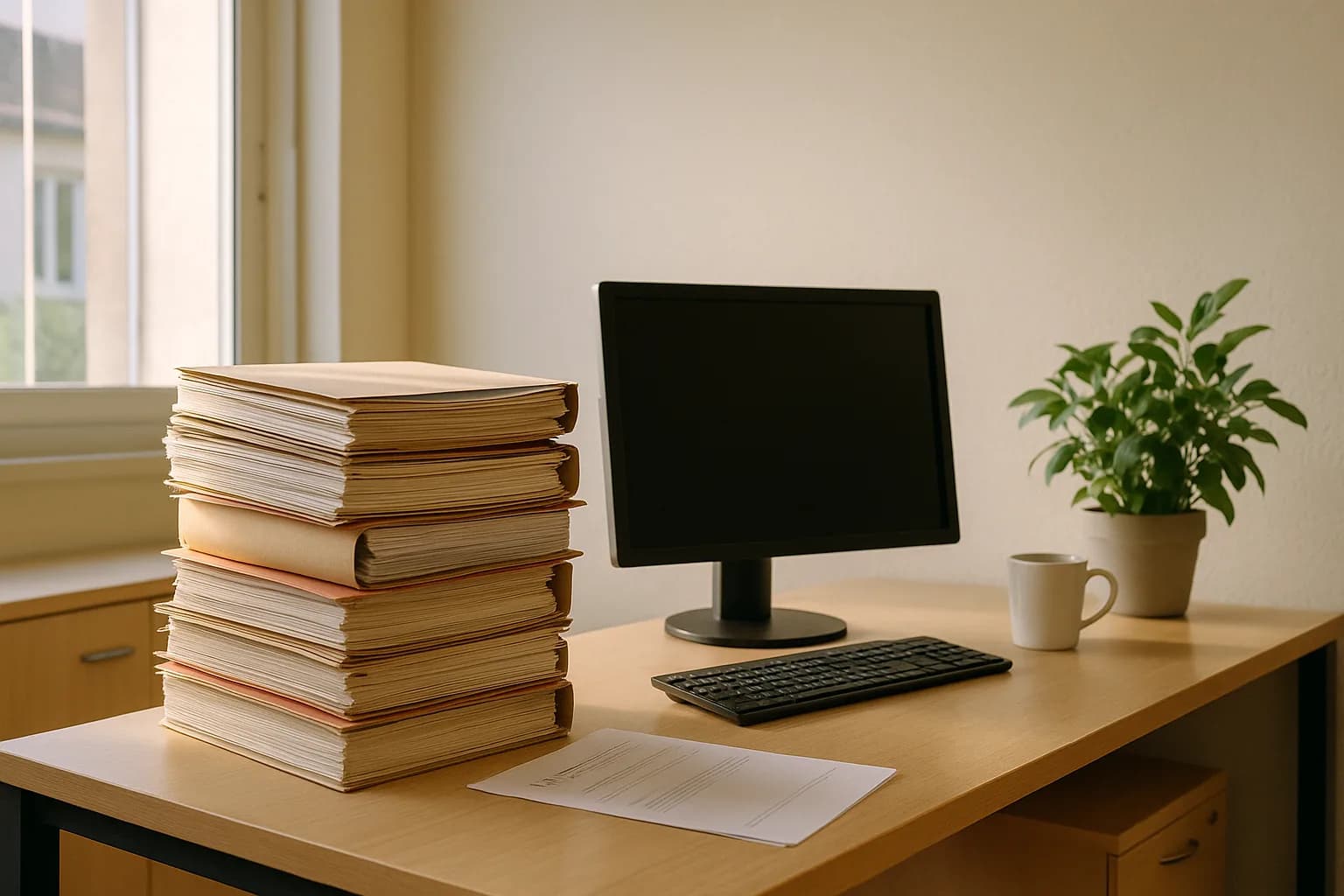 Poste de travail d'un service ressources humaines, dossiers empilés et écran éteint